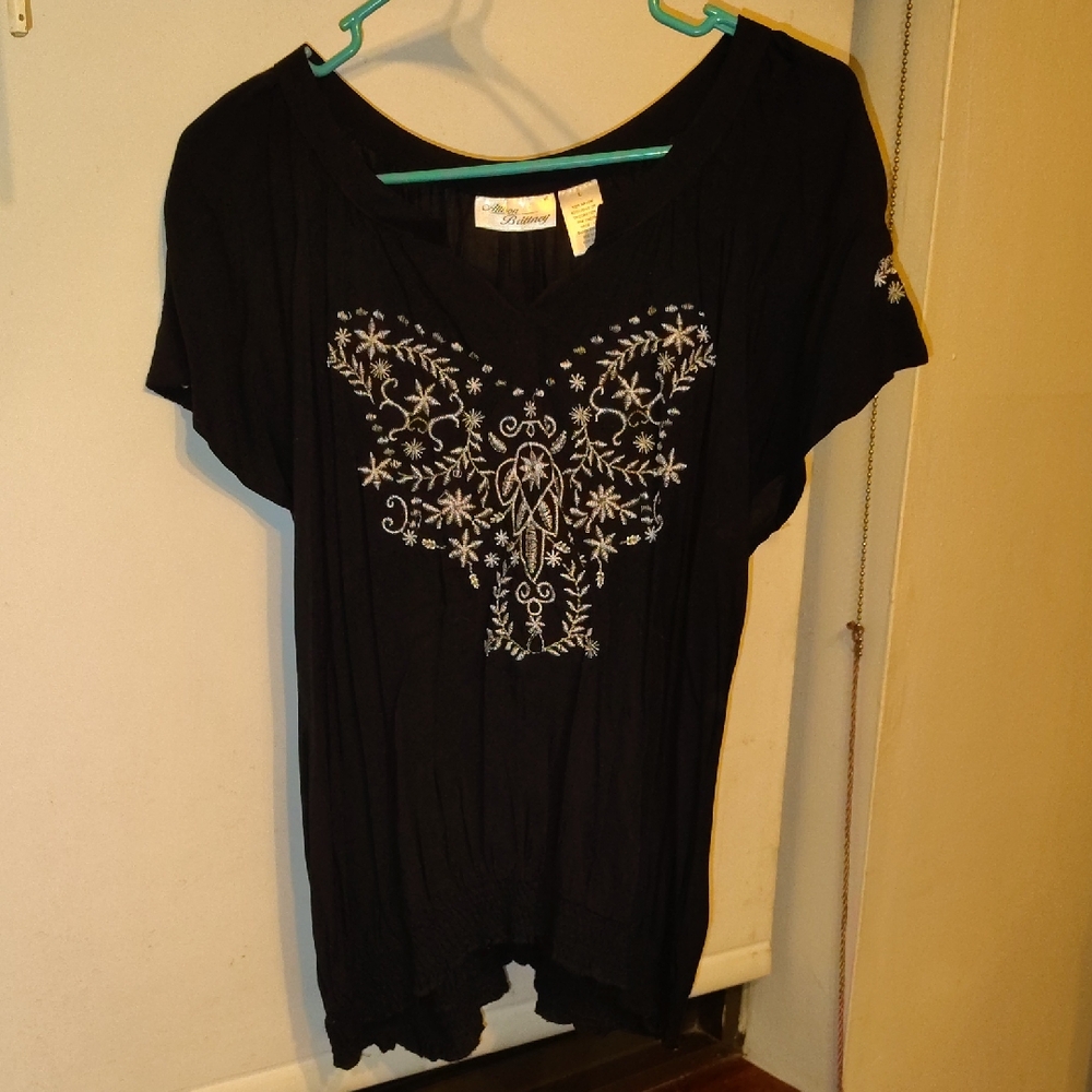 Allison Brittney Black Blouse with White Embroidery